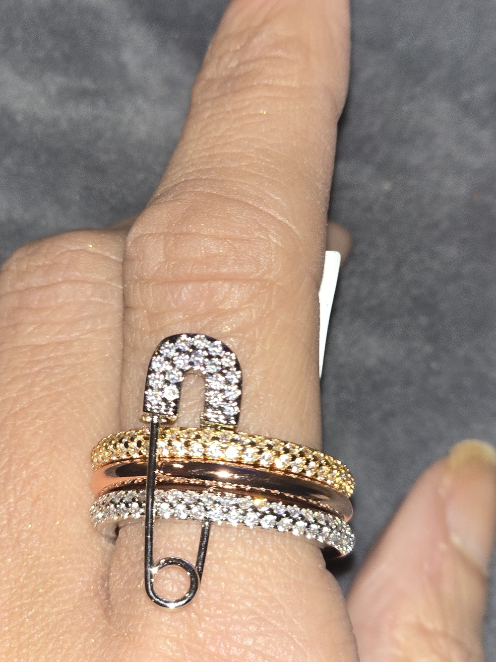 22kgp Dubai Jewelry Sparkling Safety Pin CZ Ring - White, Gold, Rose